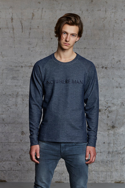 organic crewneck sweat shirt with No Where Man ton sur ton embroidered, nwm 15.7